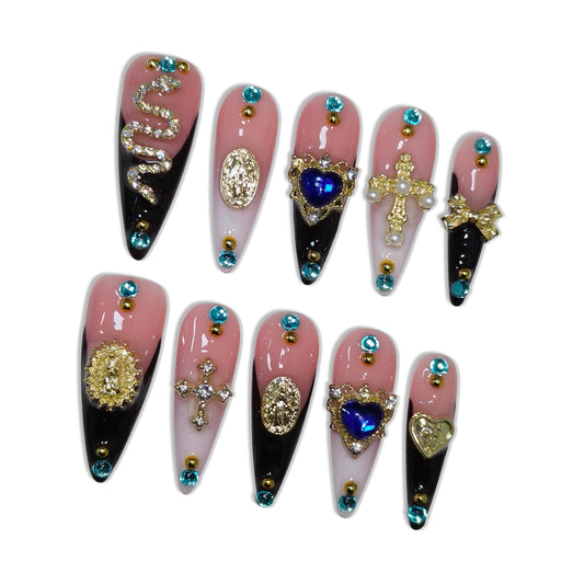 Hantyer Black French Tip Press on Nails with 3D Metal Snake, Cross Charms & Rhinestones, Long Stiletto Glossy Iced Edgy Chic Fake Nails, Reusable Gothic Glam False Nails for Women Party (Size M)