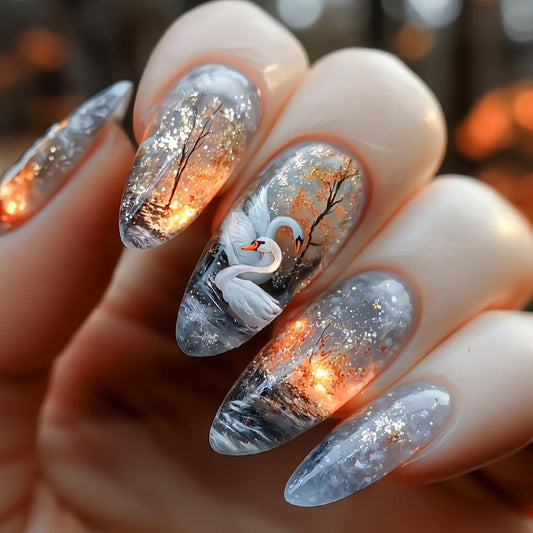 CJDLTS Press on Nails Almond Medium Swan Flame Jungle Pattern Design Full Cover Glossy Acrylic Fake Nail Smudge Almond Tip Artificial Fingernails 24Pcs Press Ons Medium Glue on Nails for Women