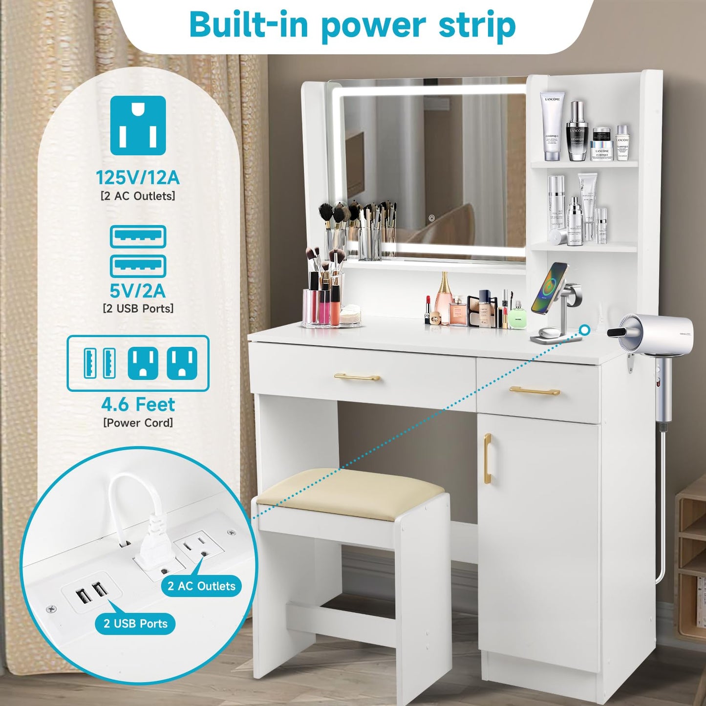 QUALIKRAFT Widescreen Vanity Set with LED Mirror & Stool, Makeup Desk with Built-in Power Outlet, 2 Drawers & 6 Shelves, Wide Lighted Dressing Table