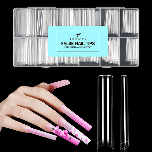 TOMICCA 3XL Extra Long Square Nail Tips No C Curve, 504PCS Half Cover Clear Acrylic False Nails, Straight Flat Fake Nail Tips for Acrylic Gel Manicure, Professional Salon & Home DIY 12 Sizes