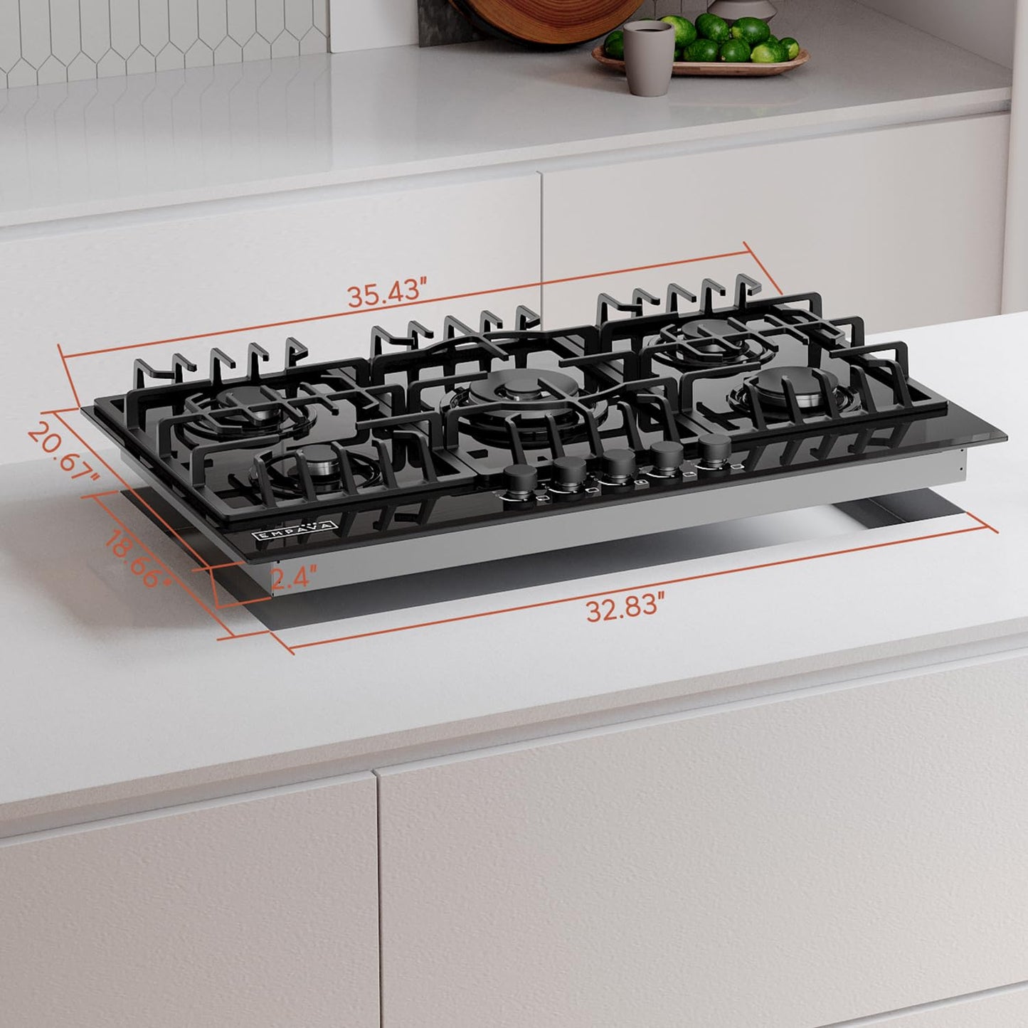 Empava 36 Inch Gas Stove Cooktop 5 Italy Sabaf Sealed Burners NG/LPG Convertible in Black Tempered Glass