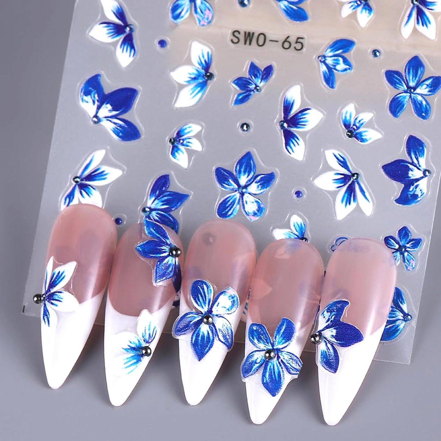 2Sheets Blue White Lily Flower Nail Art Stickers 5D Embossed Blue Flowers Vine Design Nail Decals Self-Adhesive Cute Floral Petals Nail Sticker Sliders for Women DIY Spring Summer Nails Decor Supplies