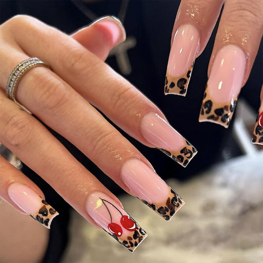 IMRAIN French Press on Nails Long Square Fake Nails Glossy Brown Leopard Print & Cherry Nails Press ons Gel Stick on Nails Full Cover Artificial False Nails for Women
