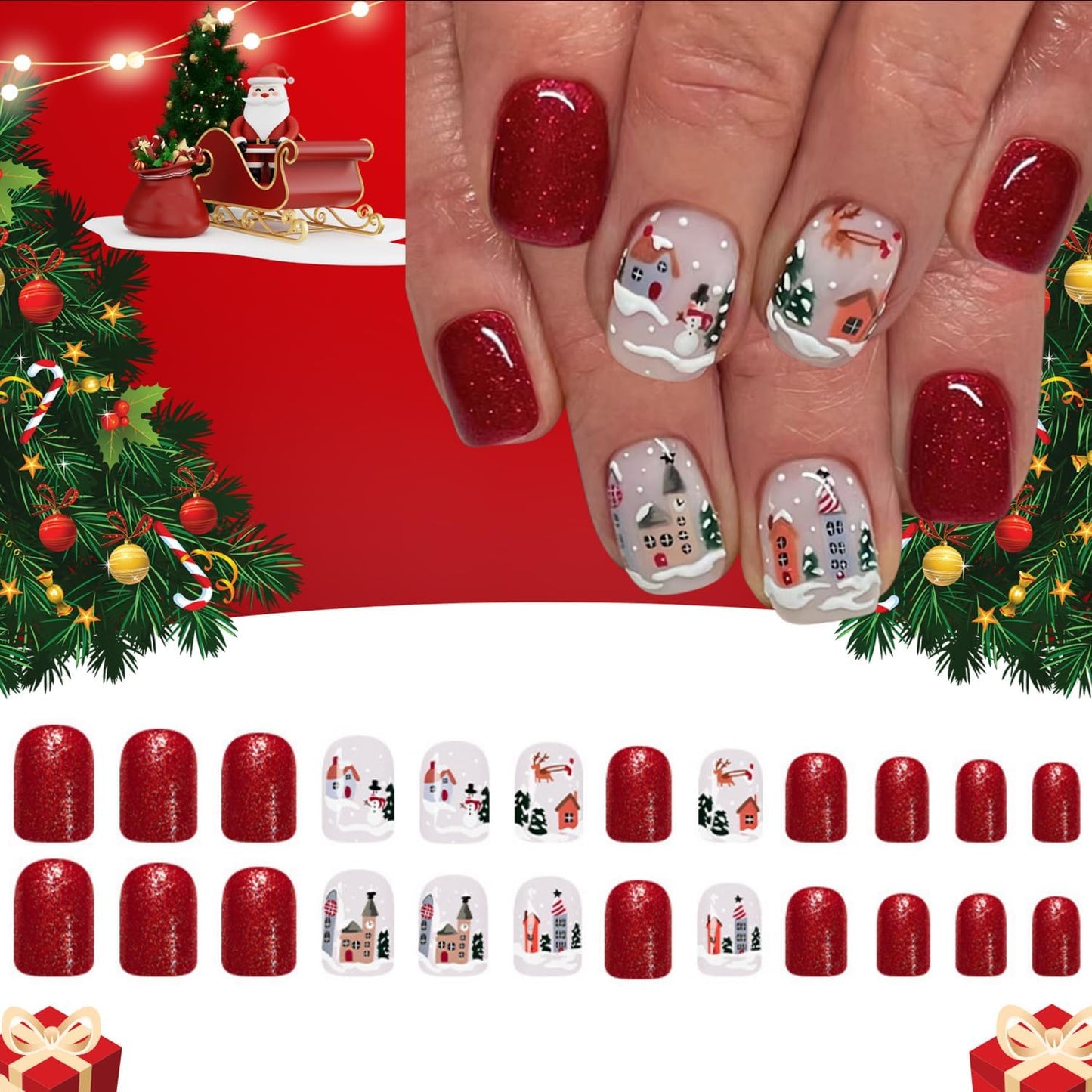 Christmas Press on Nails Short Square Fake Nails with Snow Snowman Designs Red Glue on Nails Glossy Acrylic Nail Cute WInter Stick on Nail for Women 24Pcs