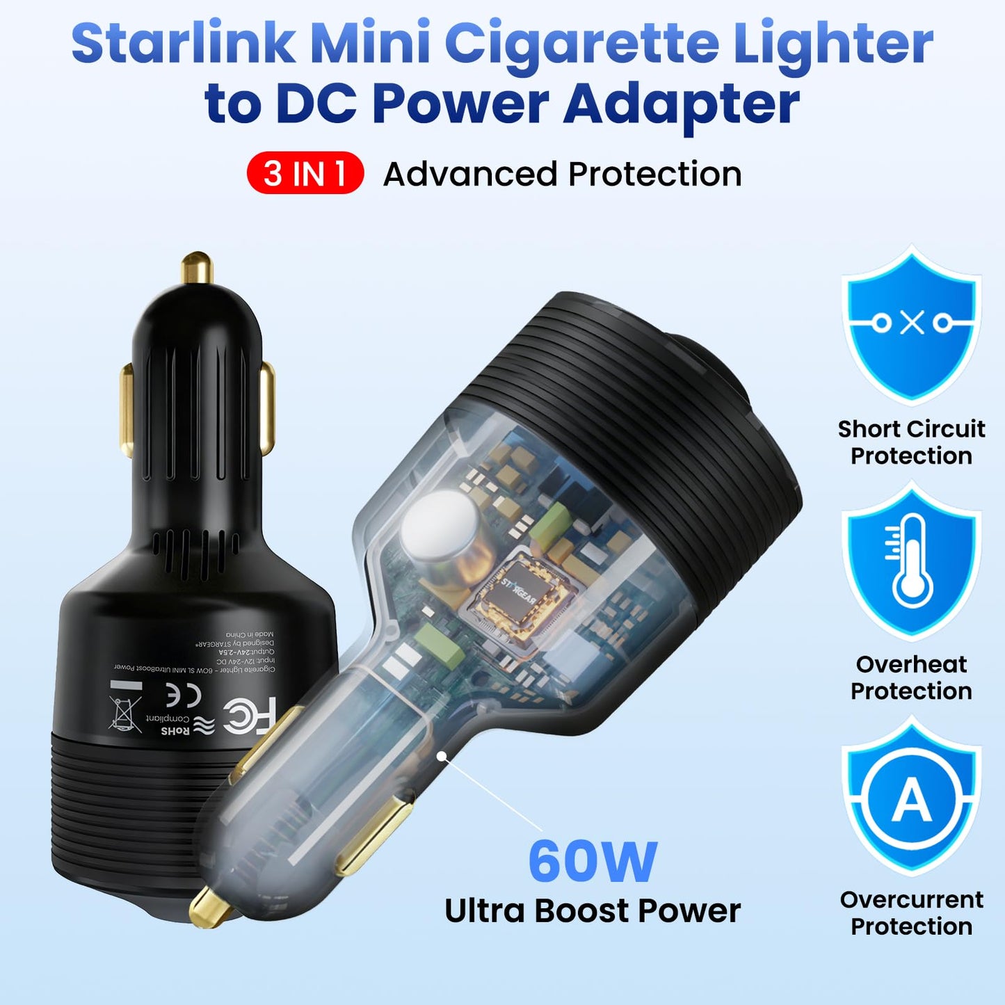 STARGEAR Starlink Mini Car Adapter 12V to 24V DC Step Up Converter with 60W Car Cigarette Lighter Adapter, Starlink Mini 12V Adapters Supports 16 AWG Official 30M, Ideal for RV, Boat, Trailer（Black）