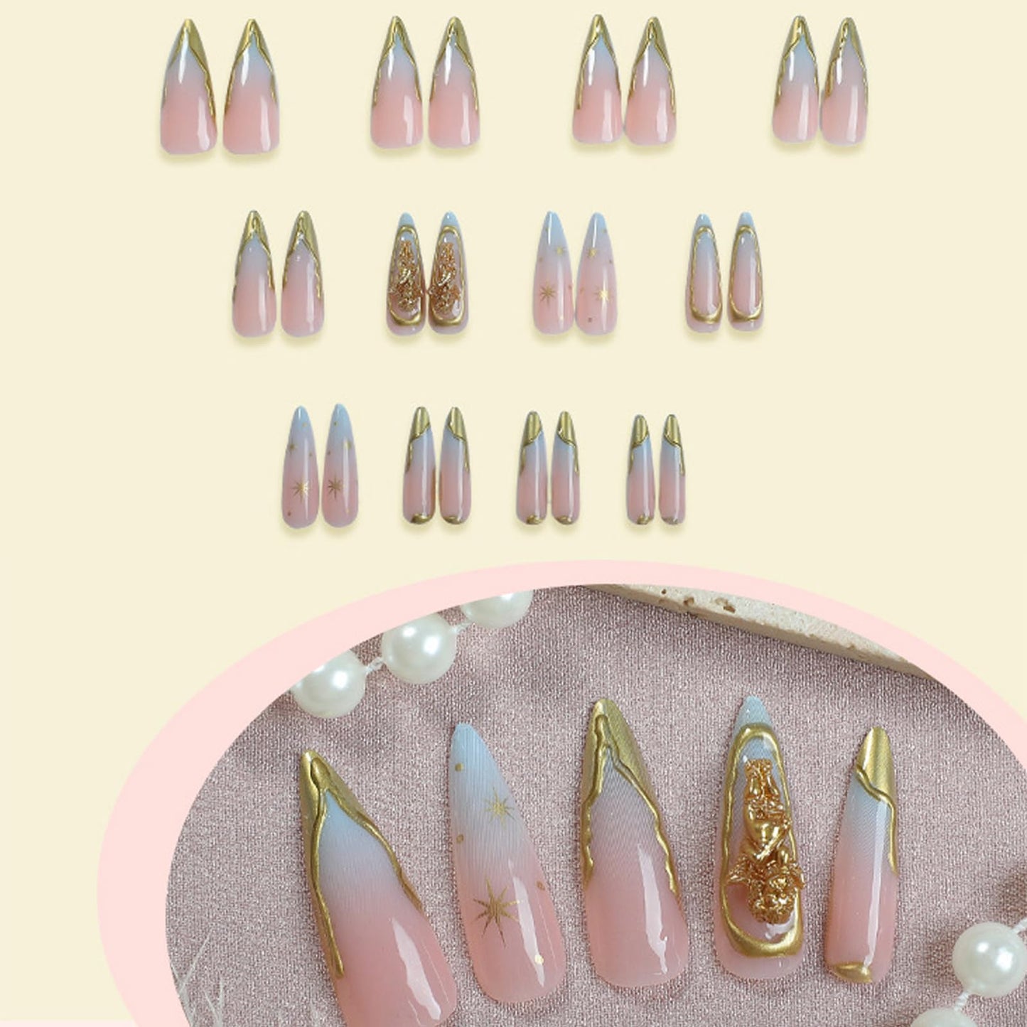 IMRAIN Long Press on Nails Stiletto Nude Blue Gradient Fake Nails 3D Golden Edge French Nail Tips Full Cover Handmade Acrylic Glossy False Nails with Angel Designs 24Pcs Elegant Manicure