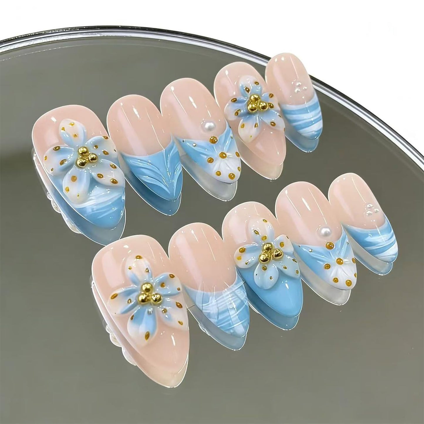 Handmade Press On Nails – Medium Almond False Nails for Women, Reusable Acrylic White French Tip with Flowers & 3D Pearl Design – Salon Quality Fake Nails 10Pcs(S)