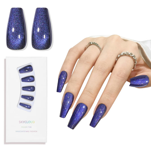Dark Blue Cat Eyes Press On Nails,12 Sizes - 24 Pcs Soft Gel Blue Medium Coffin Fake Nails Kit with Nail Glue, Natural Reusable Stick On False Nails for Women and Girls SK0999