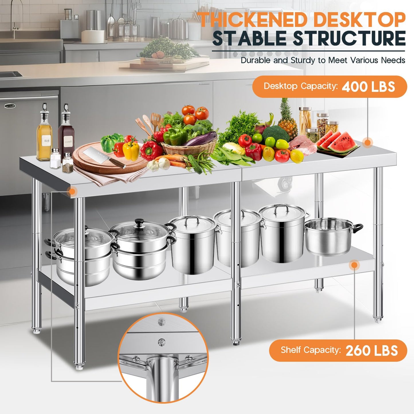 Jocisland 30" x 72" Stainless Steel Table for Prep & Work, NSF Certified Adjustable Under Shelf and Feet, for Commercial Kitchen, Restaurant, Hotel and Garage