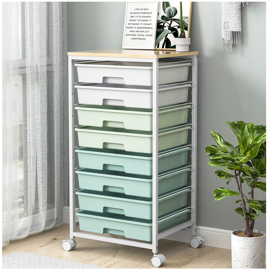 Rolling Storage Utility Cart Organizers with 8 Drawers and Wooden Tabletop for Living Room,Office,Classroom,Craft Room,Bedroom,Dorm,Green