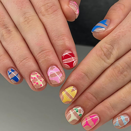 Summer Press on Nails - Colorful Short Square Fake Nails with Design, Full Cover Glue on Nails for Women Beach Pool Manicure 24Pcs