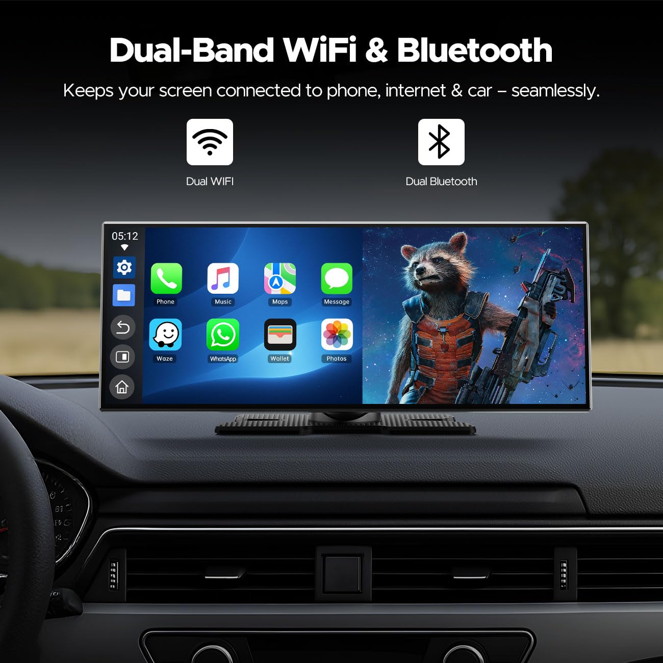 Volam 11'' Wireless Carplay Screen for Car Built-in Net-Flix YouTube Apps, Portable Touchscreen Car Stereo with Android Auto, Backup Camera, OTA Updates, Bluetooth, Voice Control, GPS Navigation,FM