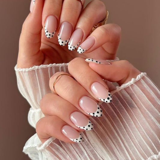 UNA GELLA 32Pcs Soft Gel Press on Nails - 16 Sizes Polka Dot French Tip Almond Glue on Nails, Reusable Nude False Nails with Black Dots, Full Cover Acrylic Nail Kit for Women DIY Home Manicure
