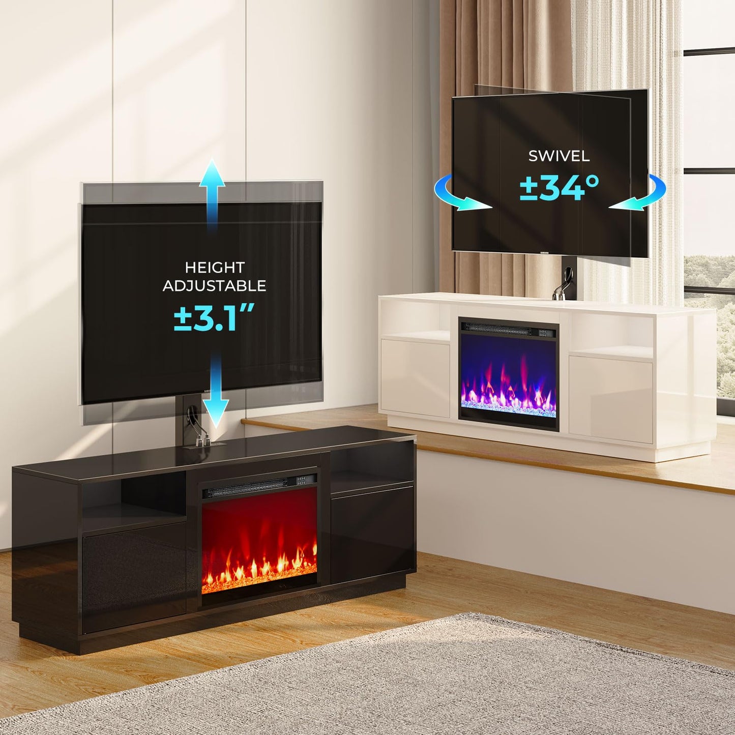 Rolanstar Fireplace TV Stand with Led Lights and Power Outlets, Entertainment Center with Electric Fireplace, Swivel TV Stand Mount for 45/55/60/65 inch TVs, Height Adjustable TV Console, Black