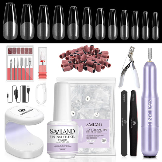 SAVILAND Gel Nail Kit: Nail Kit for Beginners with Everything Nail Drill Kit Long Coffin and Nail Glue X Gel U V Lamp for Nails 500 pcs Nail Tips for Extension At Home Nail Kit DIY Gift for Women