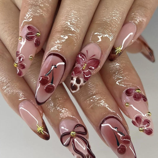 MISUD Press on Nails - Medium Almond Glue on Nails with Fall Brown, Acrylic Autumn Flower Design 24 pcs