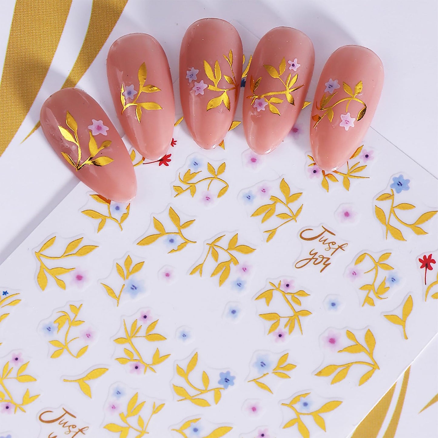 Spring Summer Japanese Floral Nail Art Stickers Golden Leaves Nail Art Supplies Pink Flowers Nail Art Accessories for Women Girls Manicure Decorations 6 Sheets