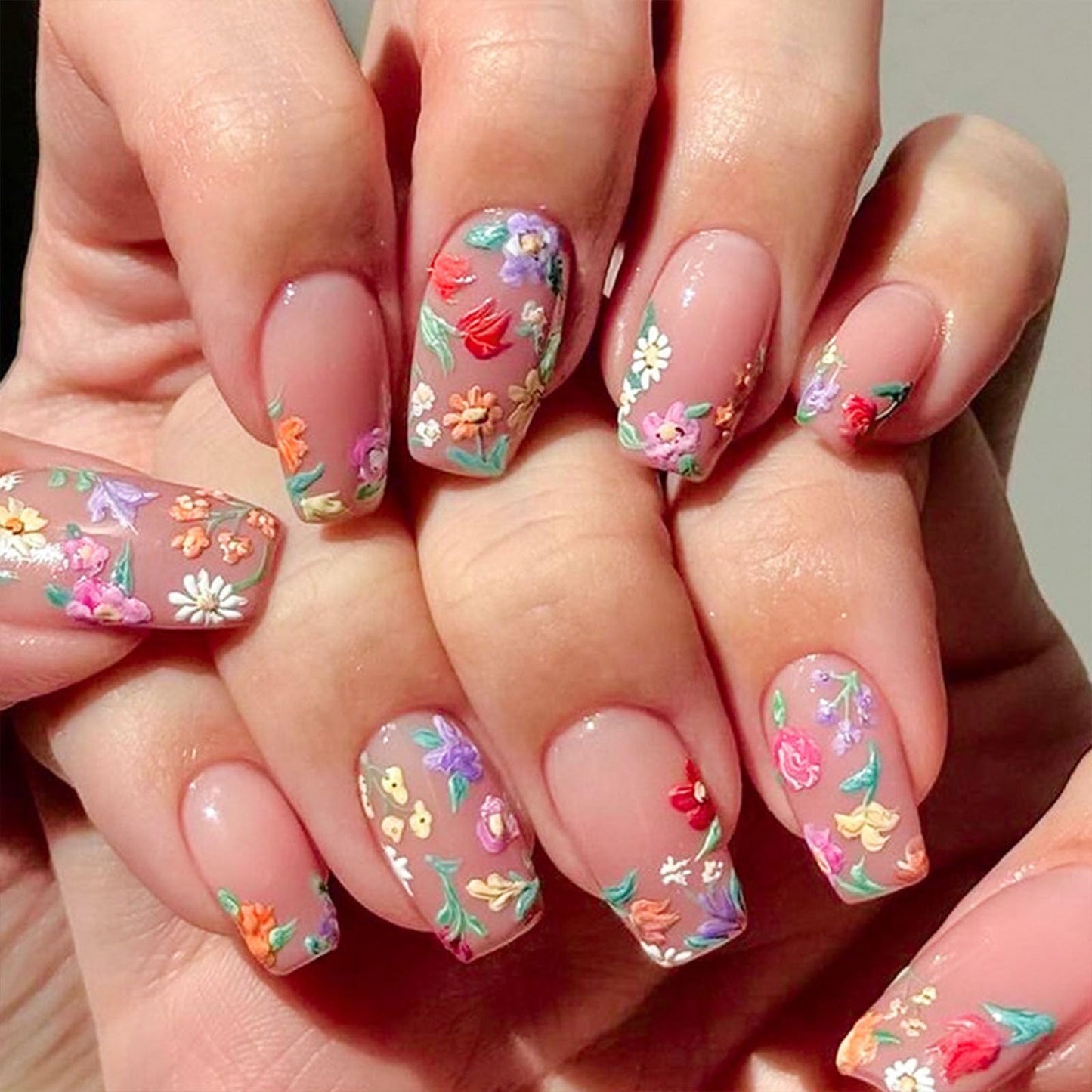 Flower Press on Nails Medium Cute Colorful 3D Flowers Fake Nails Square Acrylic Nails Press ons Colorful Floral Full Cover Glossy Spring and Summer Stick Glue on Nails for Women Girls 24 Pcs