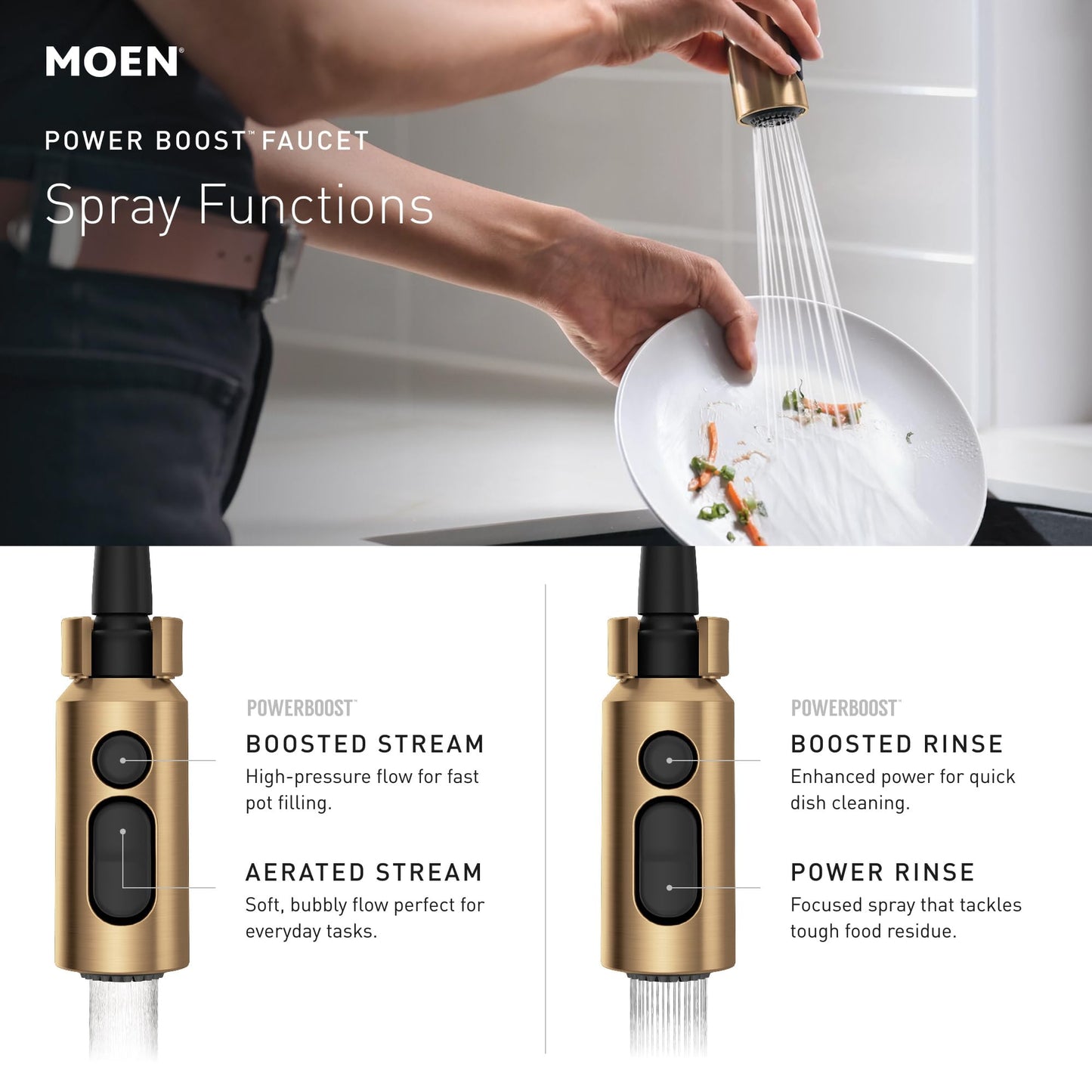 Moen Inara Bronzed Gold Spring Pulldown Kitchen Faucet with Pre-Rinse and Power Boost, Modern Kitchen Faucet, One-Handle Easy Installation, 87863BZG