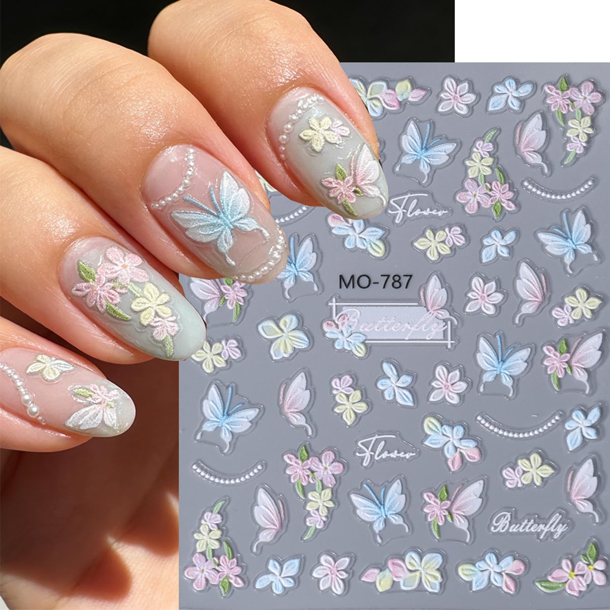 6 Sheets 5D Embossed Spring Flower Nail Art Stickers Colorful Gradient Butterfly Floral Nail Decals French Style Design Flowers Nail Stickers for Women Spring Summer DIY Manicure Supplies