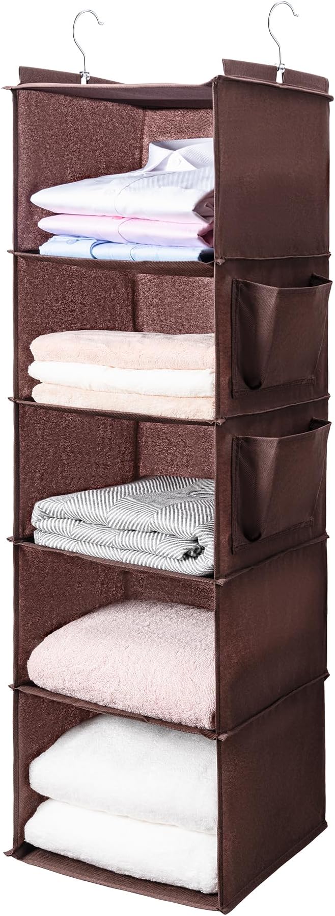 BOOMIBOO Hanging Closet Organize and Shelvesï¼5-Hanging Shelf with 2 Side Pocketsï¼Storage Foldable ï¼Browmï¼