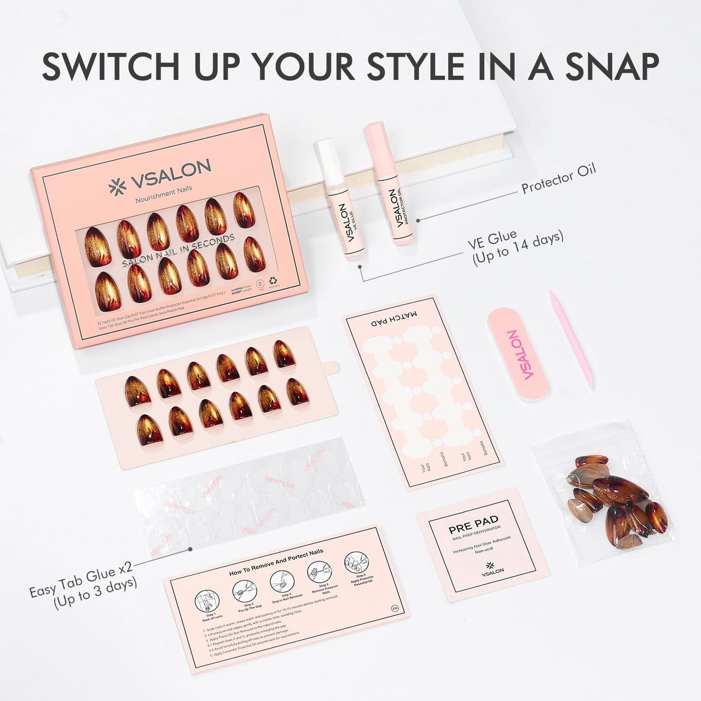 VSALON Press on Nails Short Almond - Golden Spakly Cat Eye Glitter Flame Design, Reusable Opaque Gel Magnetic Effect Fake Nails with Glue & Cuticle Oil - 32 PCS in 16 Sizes
