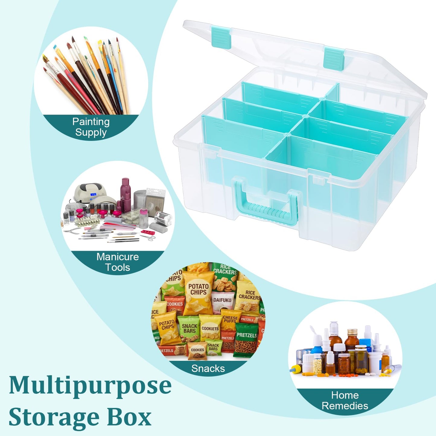 BTSKY Clear Plastic Dividing Storage Box with 8 Deep Compartments Adjustable Storage Bin with Lid Portable Craft Storage Container Multipurpose Sewing Box Art Supply Organizer, 15.1x13.9x6.1 Inches