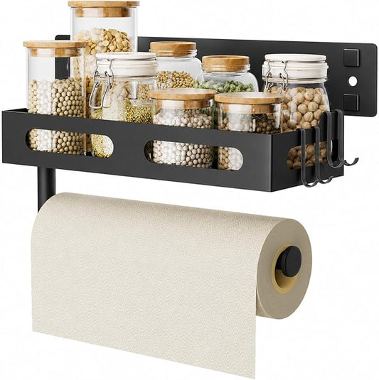 Paper Towel Holder Wall Mount with Shelf, Easy One Hand Tear, Adhesive Glue or Drill Mount Hanging Paper Towel Holder with Shelf for Kitchen/Bathroom/RV, Black Metal, 4 Hooks