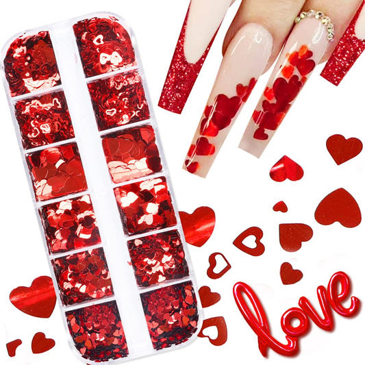 Heart Nail Art Glitters for Valentine Day Charms Nail Decorations Love Heart Nail Sequins Flakes,Holographic Red Hearts Nail Stickers for Acrylic Nails Supplies Valentine Manicure Accessories 12 Grids