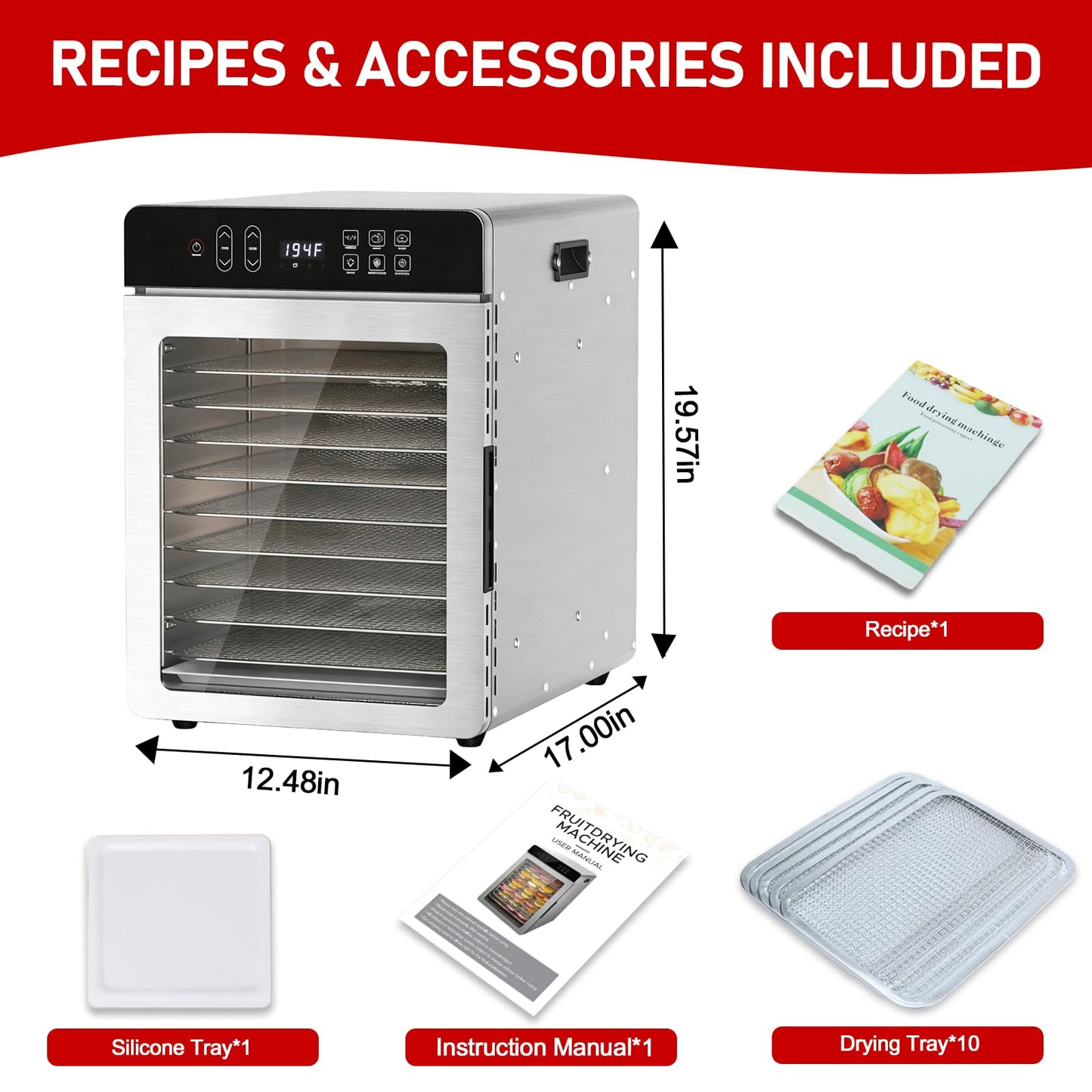 Food Dehydrator for Jerky, 12 Stainless Steel Trays, 10.9ft² Meat Dehydrator with Digital Timer & 194℉ Temp Control, 4 Presets, 800W Electric Dehydrator Machine for Fruit, Herbs, Yogurt, Pet Treats
