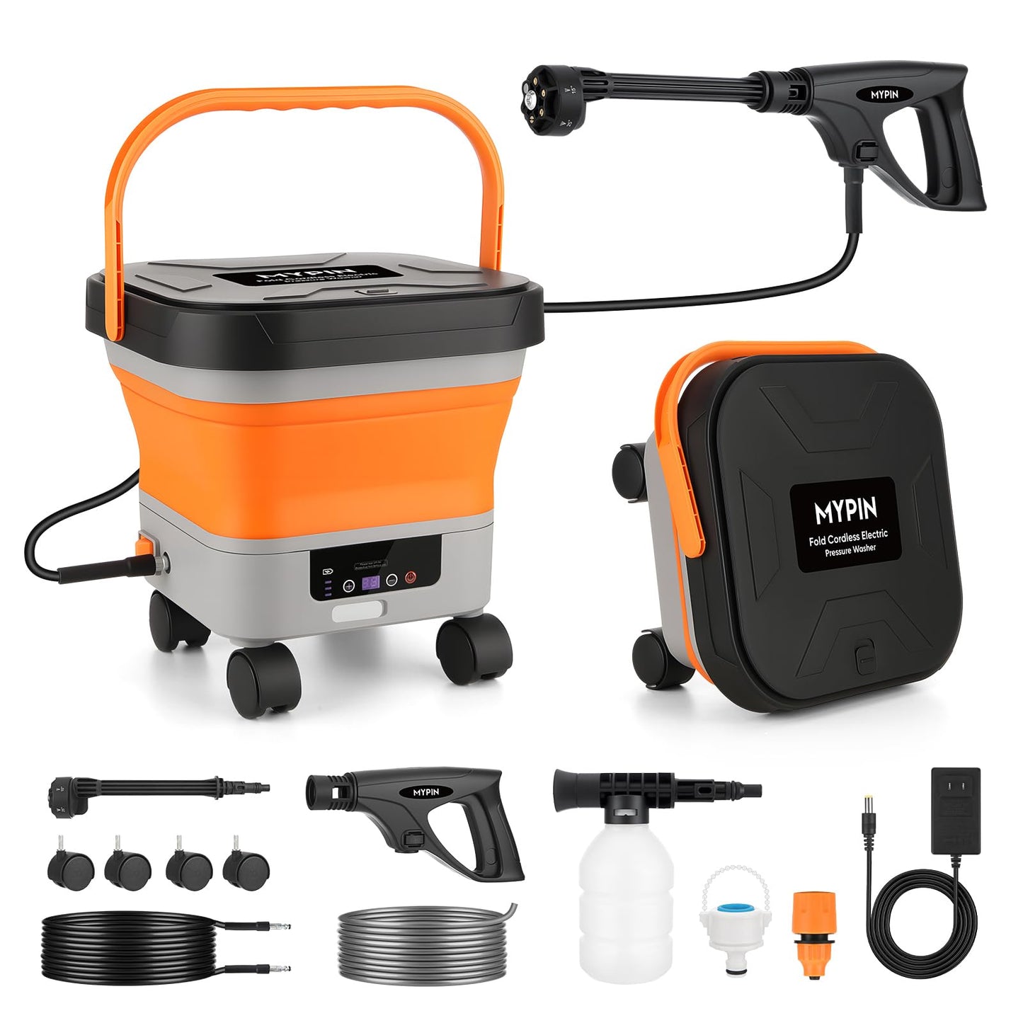 660PSI Portable Cordless Pressure Washer with Folding 3.4Gal Tank, 6-in-1 Nozzle, 7 Adjustable Pressure Levels, 7M Hose, Portable Sprayer with Wheels for Car Floor Wall Fence Cleaning (Orange)