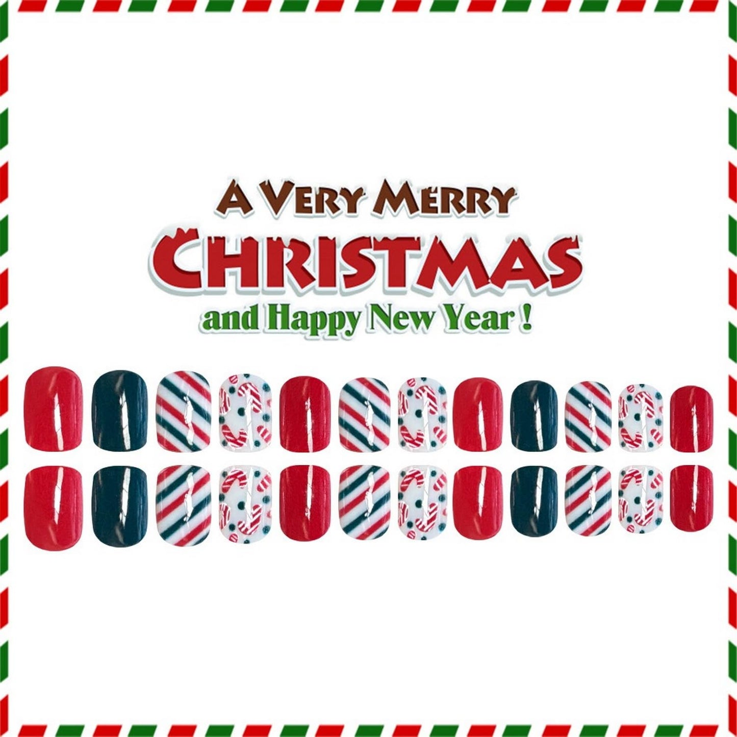 24 Pcs Christmas Press on Nails Short Square Fake Nails with Crutch and Candy Reusable Christmas False Nails with Red and Green Stripes Design Xmas Acrylic Nail for Women Manicure Decoration
