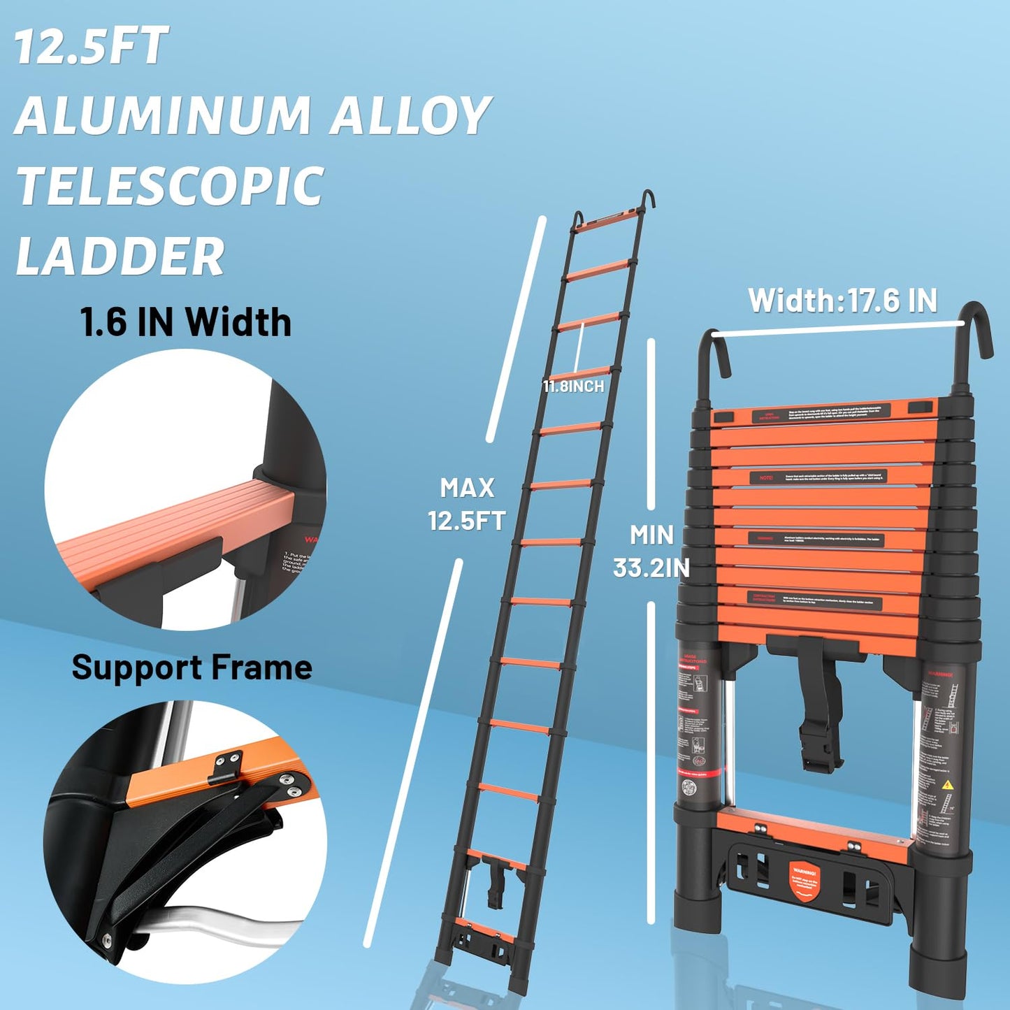 Telescoping Ladder, 12.5FT Extension Ladder，One-Step Collapsible, Aluminum Ladder for RV Home Outdoor, 330lbs Max Capacity