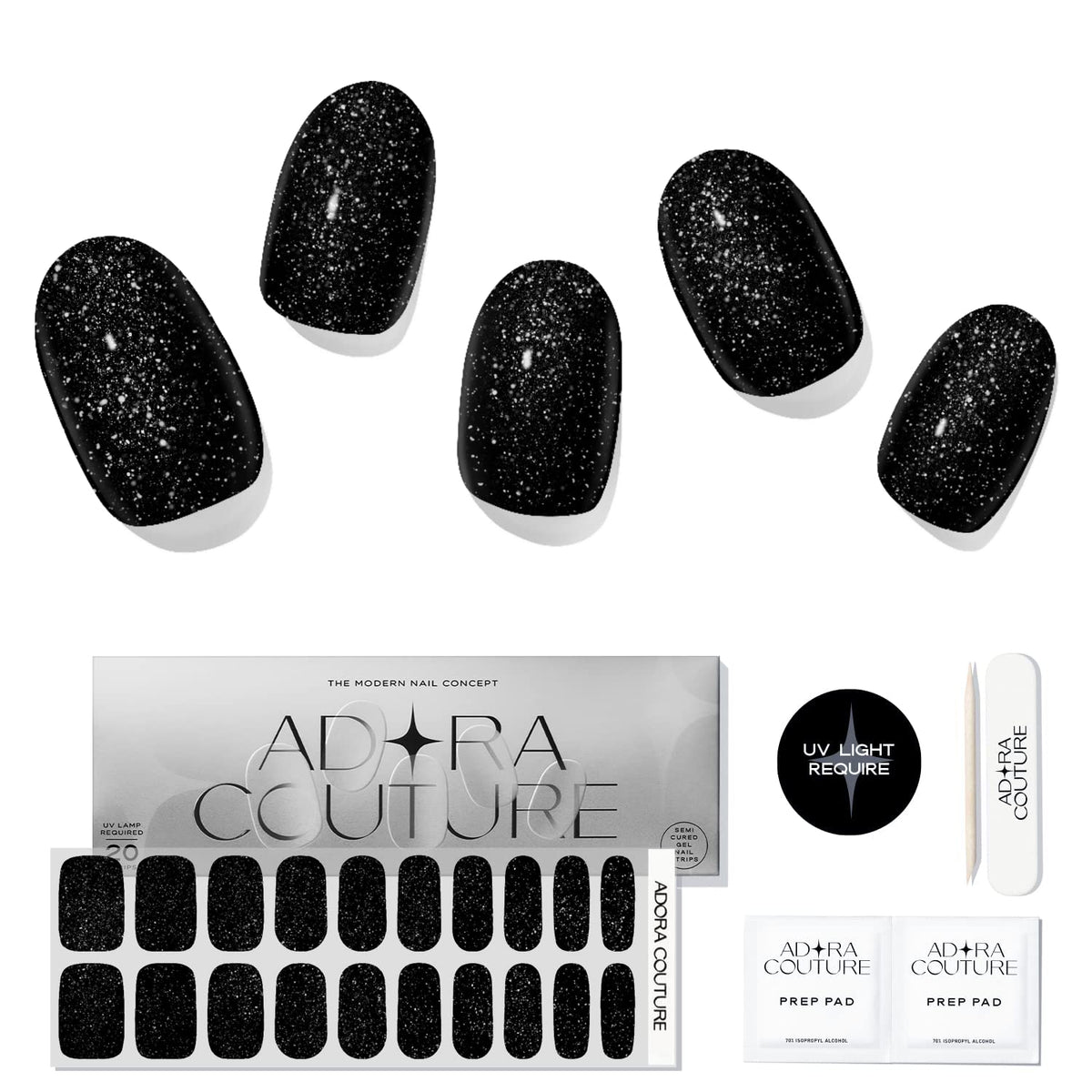 Adora Couture Semi Cured Gel Nail Strips with 20 Pieces - UV Gel Stickers, Manicure Kit, Easy Application Wraps Includes Prep Pads, Nail File, Wooden Stick - UV Light Required (Black Galaxy)