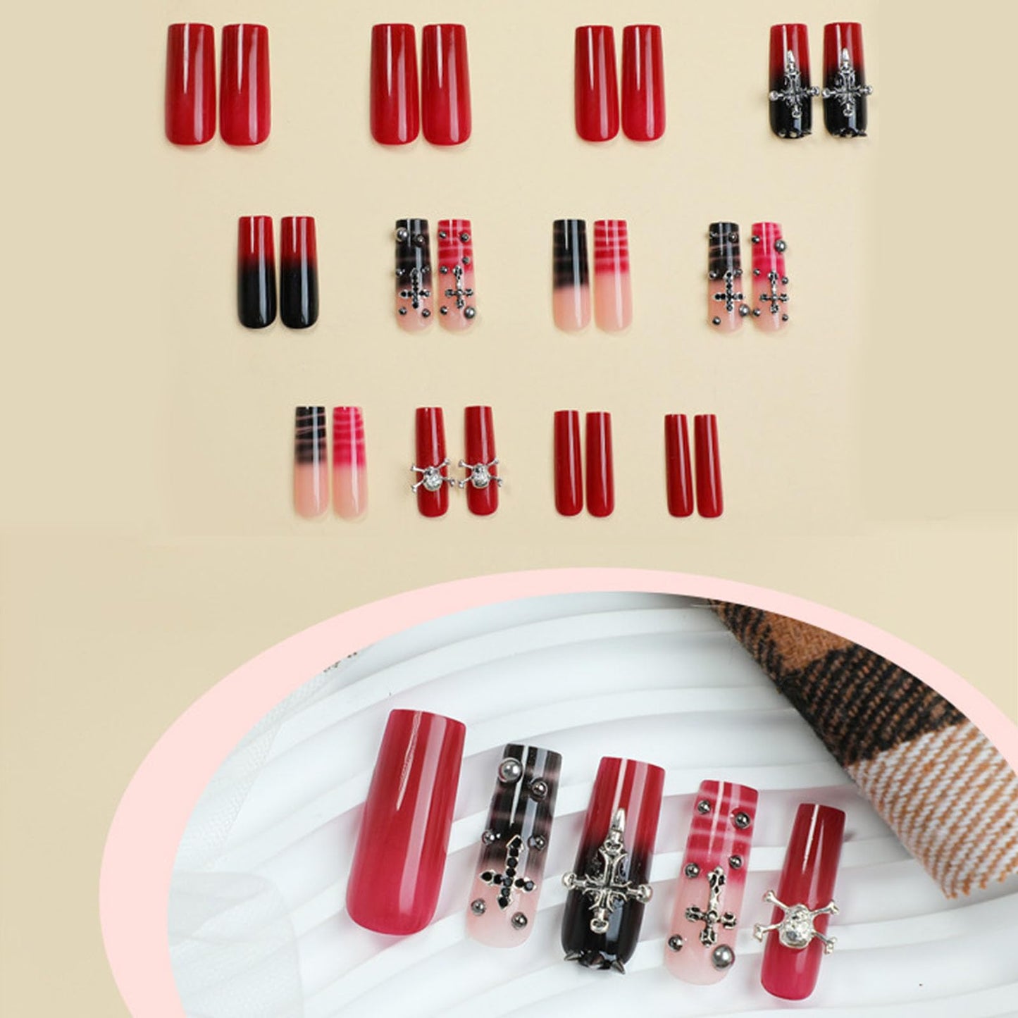 IMRAIN Long Press on Nails Square Red Black Gradient Fake Nails Punk Cross & Rivets Glue on Nails Full Cover Acrylic Stick on False Nails Goth Squoval Nail Manicure for Women Girls