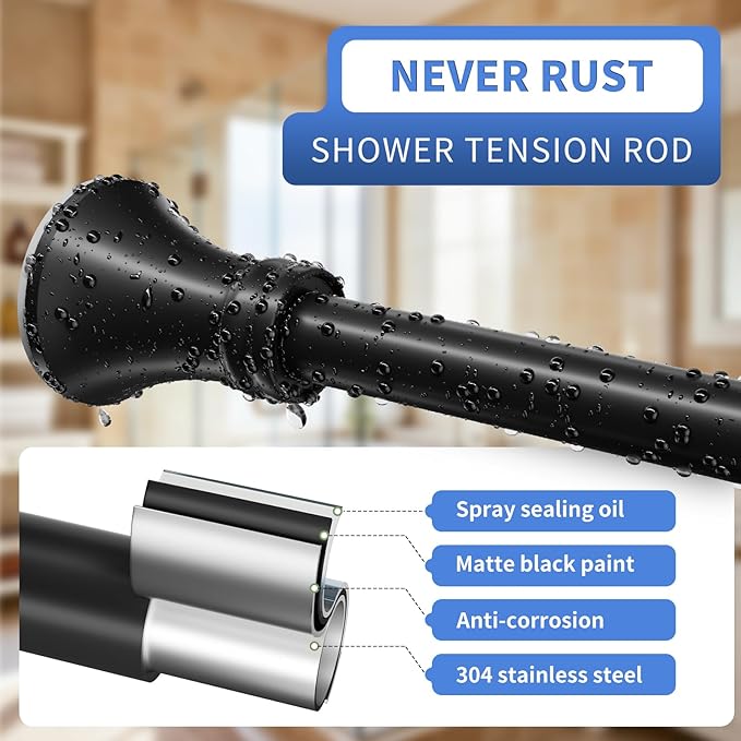 YNL Matte Black Shower Curtain Rod 36-94 Inch(3-7.8ft), No Slip No Drill No Rust Shower Rod For Bathroom Window Patio, Adjustable Spring Long Tension Rod