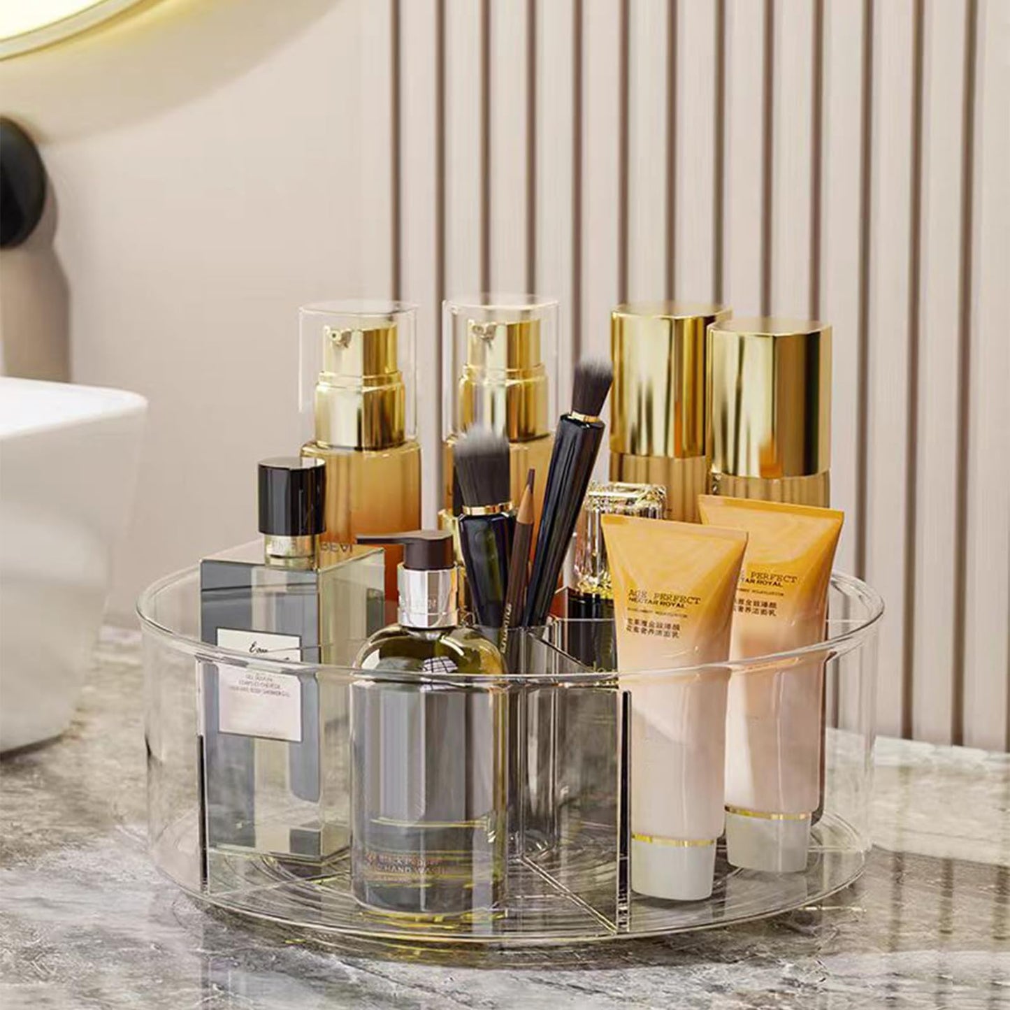 360° Rotating Makeup Organizer 11.5" Clear Turntable Lazy Susan Organizer for Vanity, Bathroom Counter, Pantry, Cabinet, Spinning Cosmetic Storage Holder with 5 Dividers for Skincare, Makeup Brushes