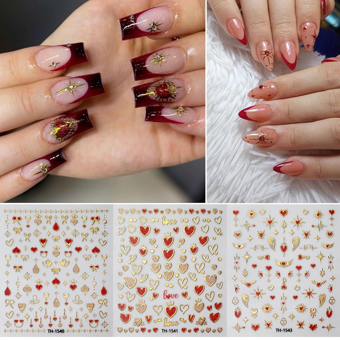 Gold Love Heart Nail Art Stickers Romantic Valentine's Day Red Heart Nail Supplies Love Bow Star Nail Stickers Stars Sun Moon Starlight DIY Transfer Decals Designs Nail Tip French Manicure Decor 3Pcs