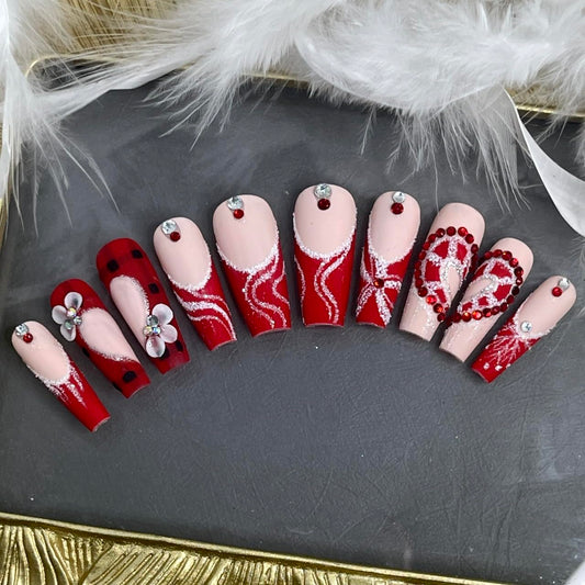 Christmas Press on Nail Handmade 3D Christmas with Rhinestones Fake Nails, False Tip For Women and Girls Full Cover - Haflona (Red Heart Xmas Size L 10PCs)