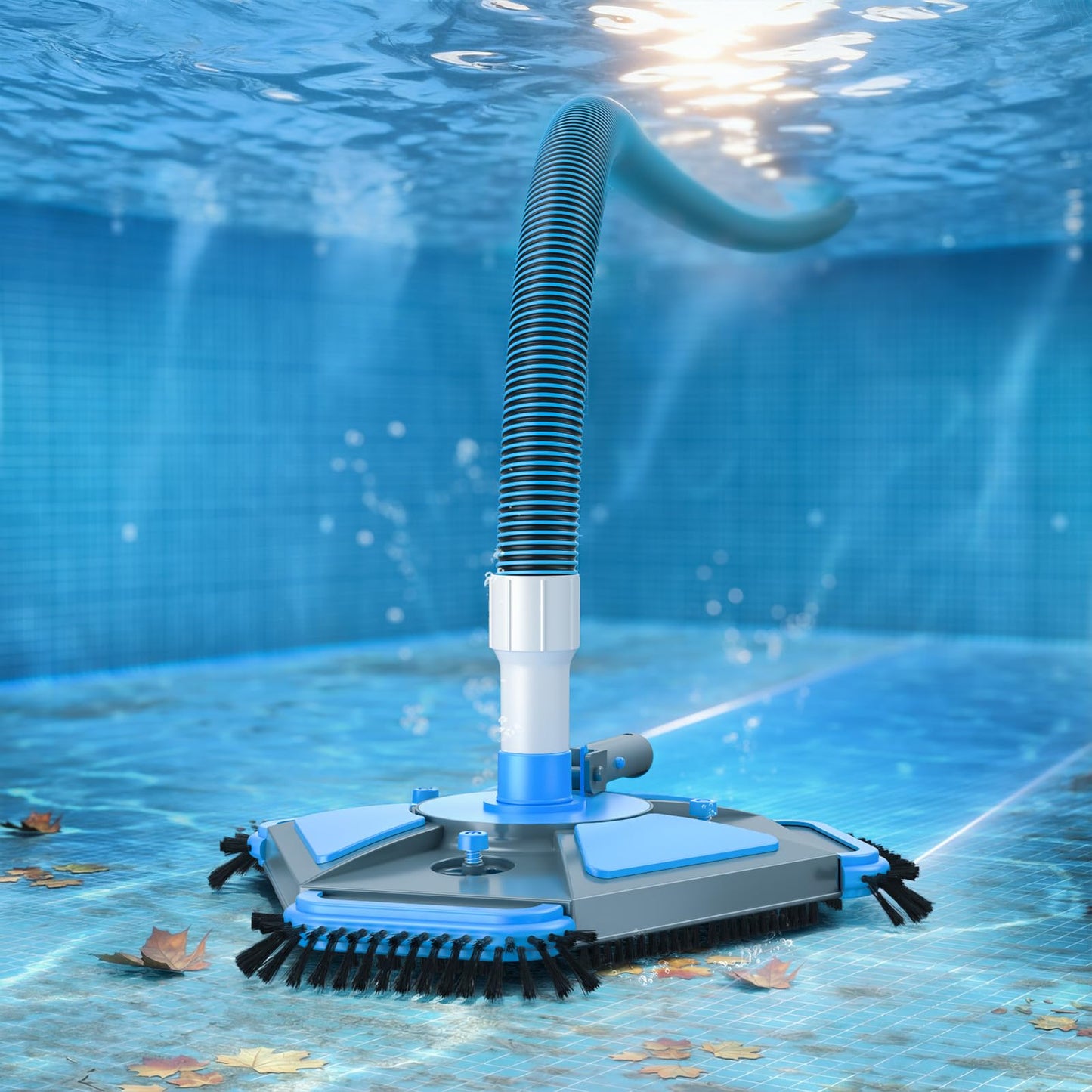 UIRWAY Upgrade Pool Vacuum Head with Side Brush & 360° Swivel Cuff, Heavy Duty Manual Kink-Resistant 1-1/2" x 30 Ft Vacuum Hoses, Weighted Triangular Shape for Inground & Above Ground Pool(No Pole)