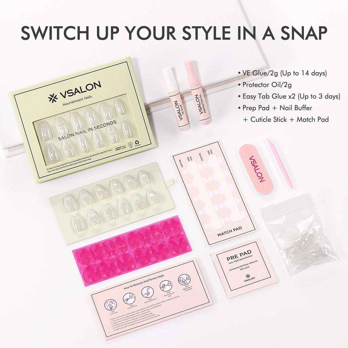 VSALON Short Almond Press on Nails - White Chrome Glazed 3D Pearl Design Fake Nails, Spring Summer Reusable Gel Salon Quality Glue on Nails & Cuticle Oil - 32 PCS Stick on Nails in 16 Sizes
