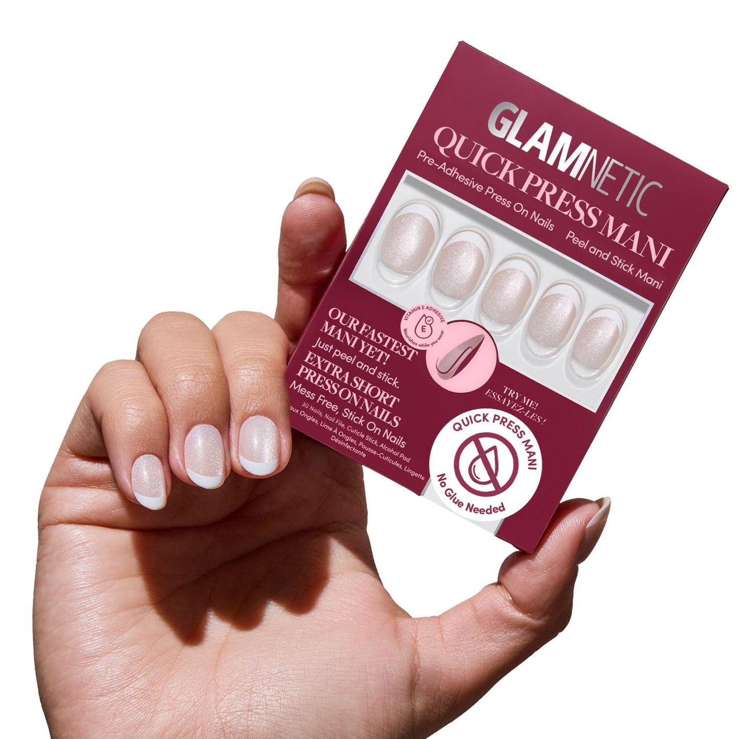 Glamnetic Quick Press Mani Bundle - No Glue Press On Nails, Just Peel and Stick | Lime Beam & Velvet French | Mess Free Salon Quality Stick On Nails | Almond & Round Extra Short Nails