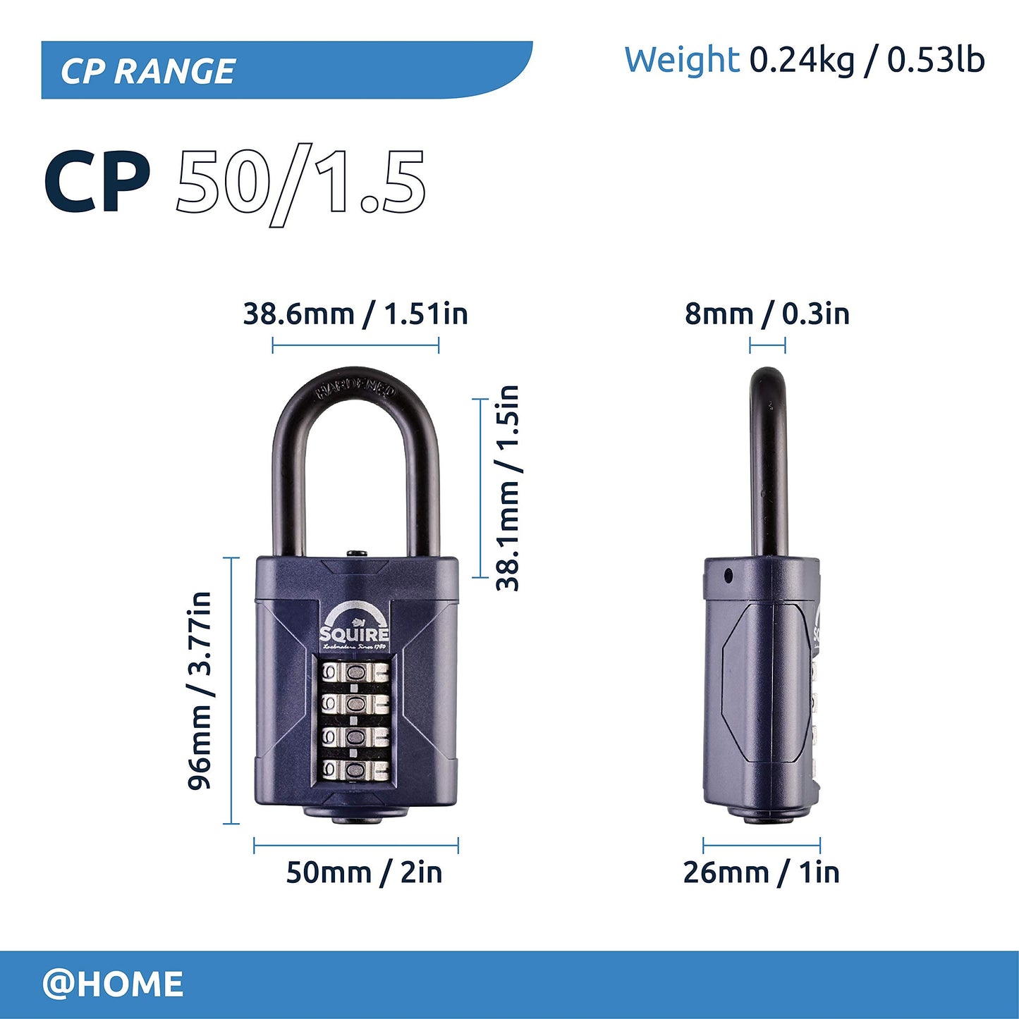 Squire Combination Padlock. Weatherproof Hardened Steel Shackle Recodable Padlock. (4 Wheel - 50mm Long Shackle (1.5"))"