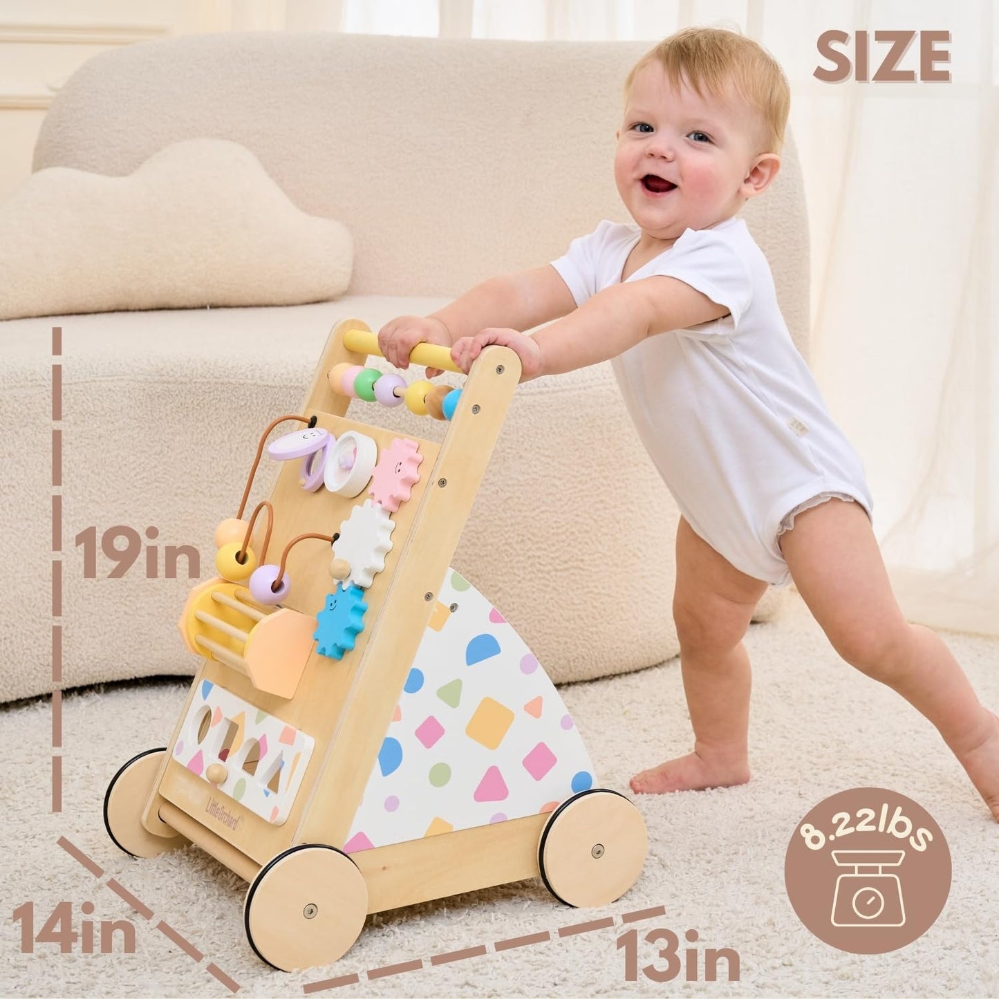 Little Orchard Baby Wooden Baby Walker with Upgraded Adjustable Speed Control, Montessori Activity Push Walker with Wheels, Baby Walker Toy for Toddlers, Gift for Boys & Girls 1 Year Old