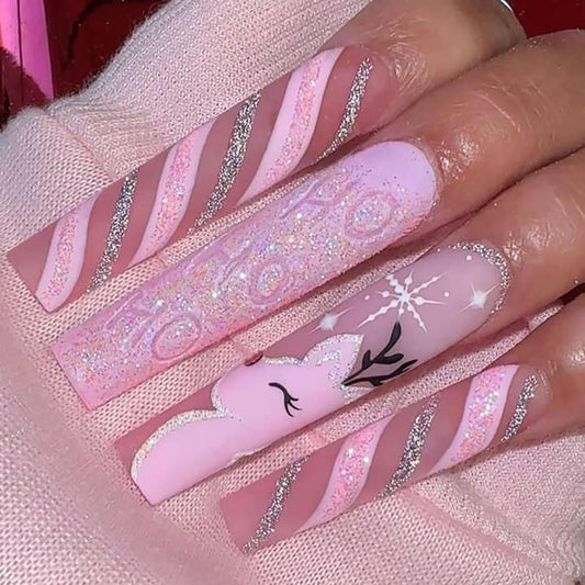 Christmas Press on Nails Extra Long Coffin Fake Nails Pink Coffin False Nails with Design Cute Reindeer Snowflake Line Glue on Nails Full Cover Bling Glitter Winter Xmas Acrylic Nails for Women 24Pcs