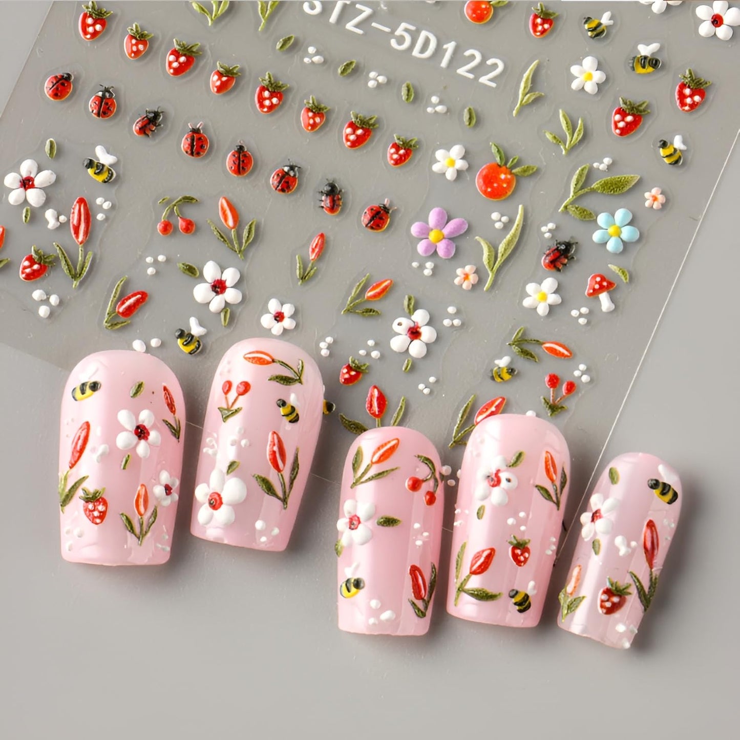 Spirng Nail Stickers for Nail Art 5D Embossed Cute Ladybug Nail Decals Flower Nail Art Stickers Strawberry Leaf Nail Design Summer Nail Art Supplies for Women Girls 2 Sheets