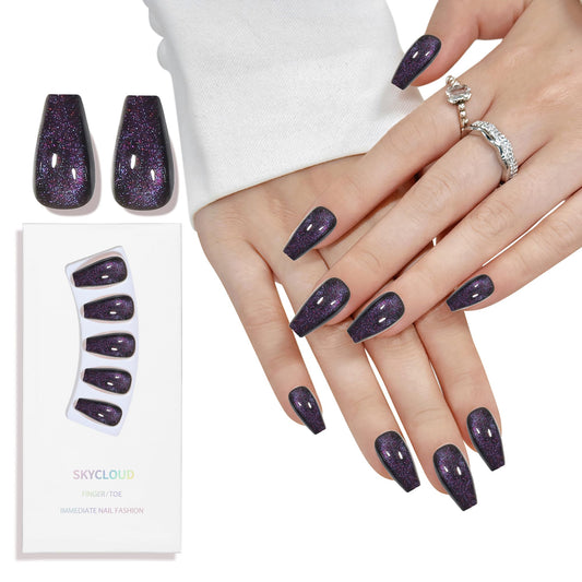 Cat Eyes Press On Nails,12 Sizes - 24 Pcs Soft Gel Dark purple Medium Coffin Fake Nails Kit with Nail Glue,Reusable Stick On False Nails for Women and Girls (Skycloud Cateye Dark purple) SK0705