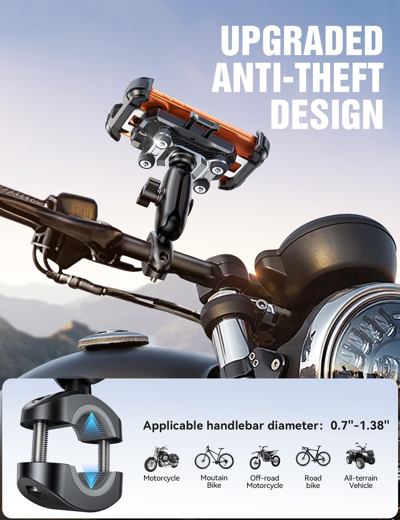 JOYROOM Motorcycle Phone Mount Holder - [Dual Vibration Dampener]150mph Anti-Shock Phone Holder for Motorcycle [Metal Extension Handlebar Clamp] Bicycle Bike Phone Holder Mount for 4.7-7" Cell Phones