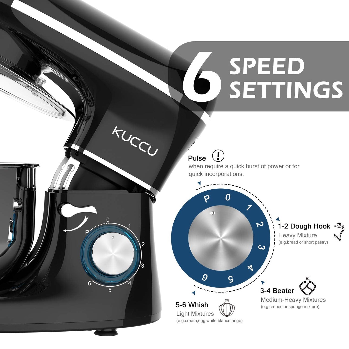 KUCCU Stand Mixer, 660W, 6-Speed Tilt-Head Food Dough Mixer, Kitchen Electric Mixer with Stainless Steel Bowl,Dough Hook,Whisk, Beater, Egg white separator (6.5-QT, Black)…
