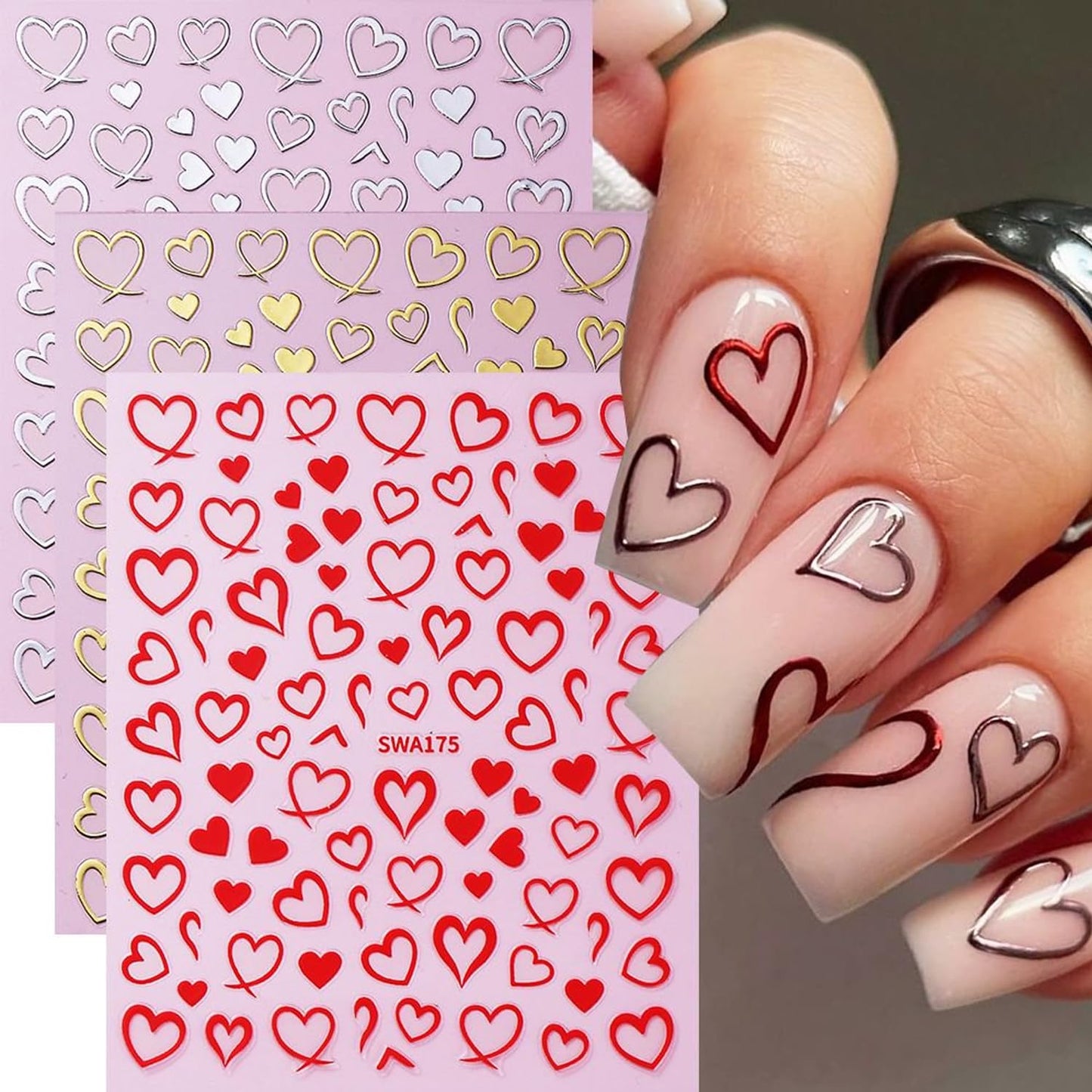 6Sheets Love Heart Nail Art Stickers Decals,3D Valentine's Heart Self-adhesive Nail Supplies Glitter Red Love Hollow Hearts Shaped Design French Nail Sticker for Women DIY Romantic Manicure Decoration